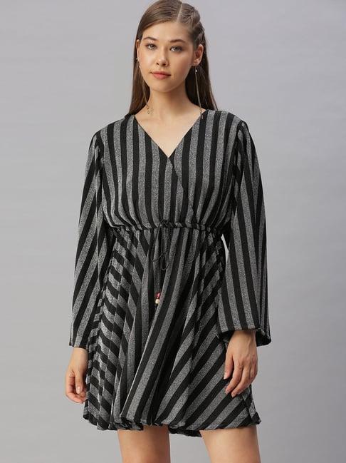 showoff silver & black knitted stripes a line dress