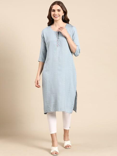 showoff sky blue cotton regular fit kurta