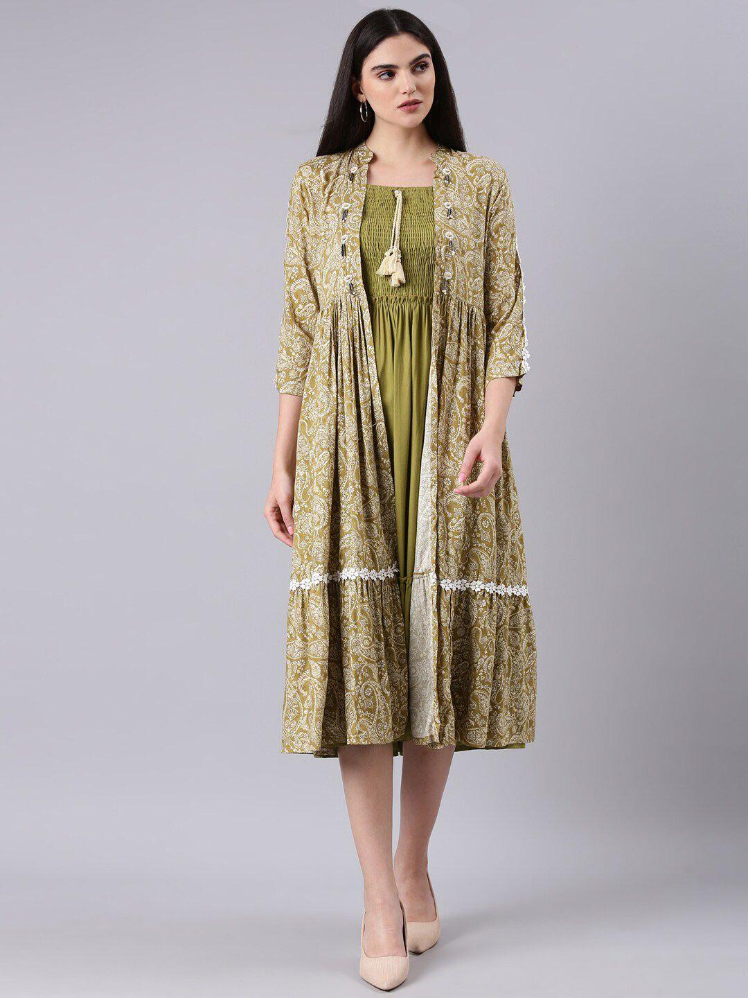 showoff sleeveless smocked fit and flare midi dress with paisley printed shrug