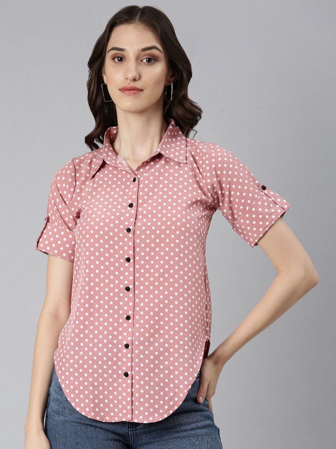 showoff slim fit opaque polka dot printed roll-up sleeves crepe casual shirt