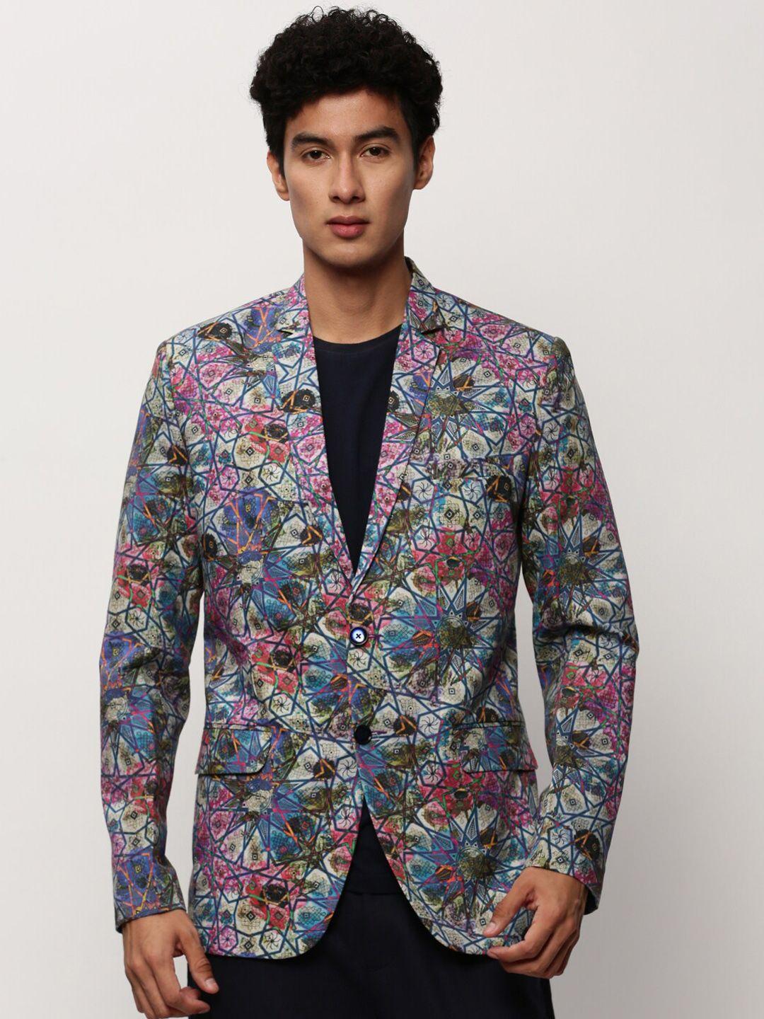 showoff slim-fit printed notched lapel collar single breasted cotton casual blazer