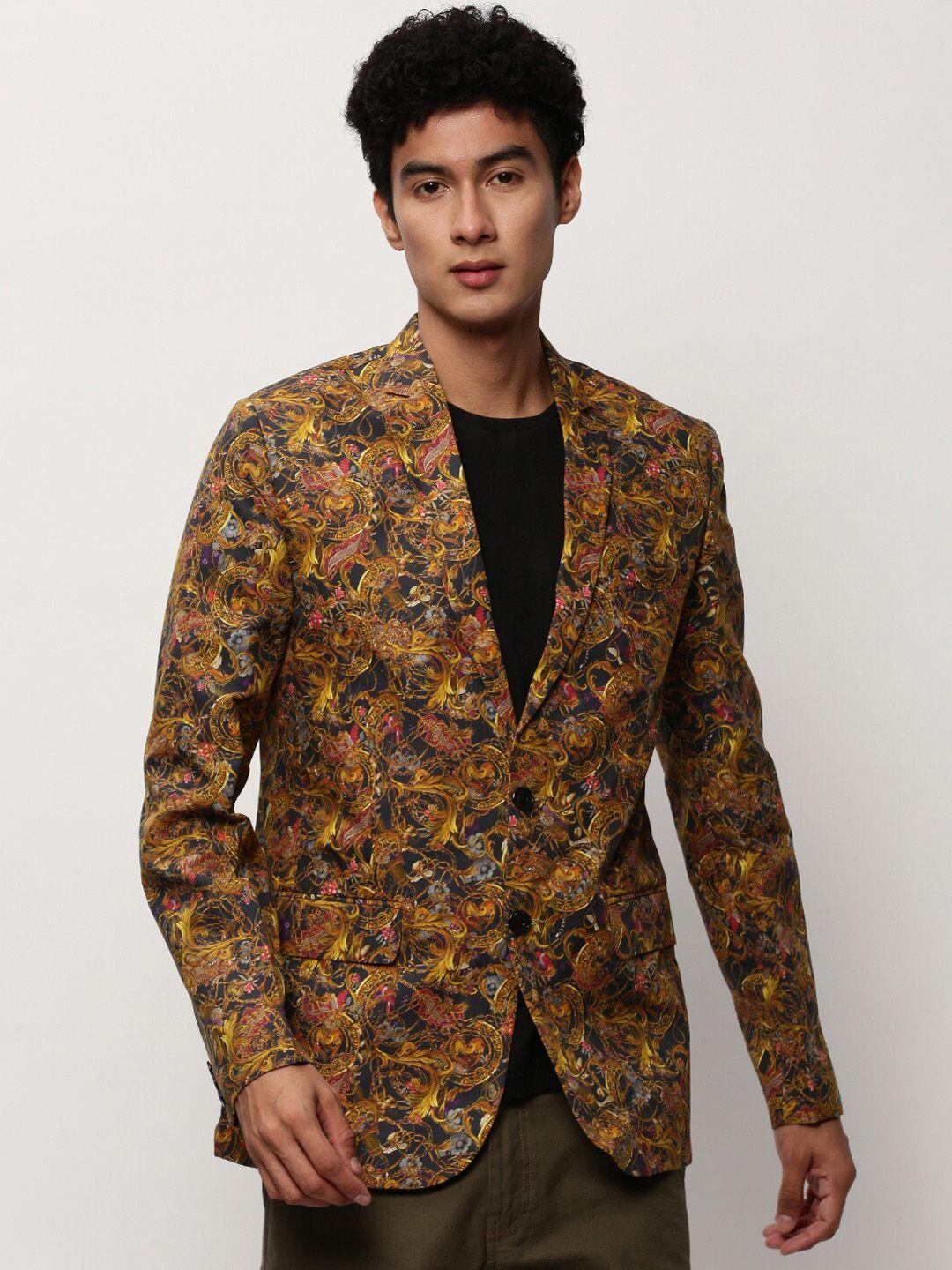 showoff slim-fit printed notched lapel collar single breasted cotton casual blazer
