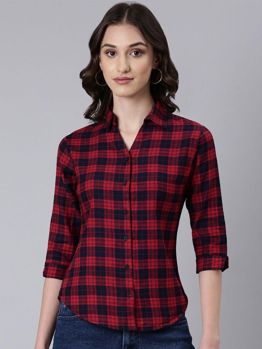 showoff slim fit tartan checked opaque cotton casual shirt