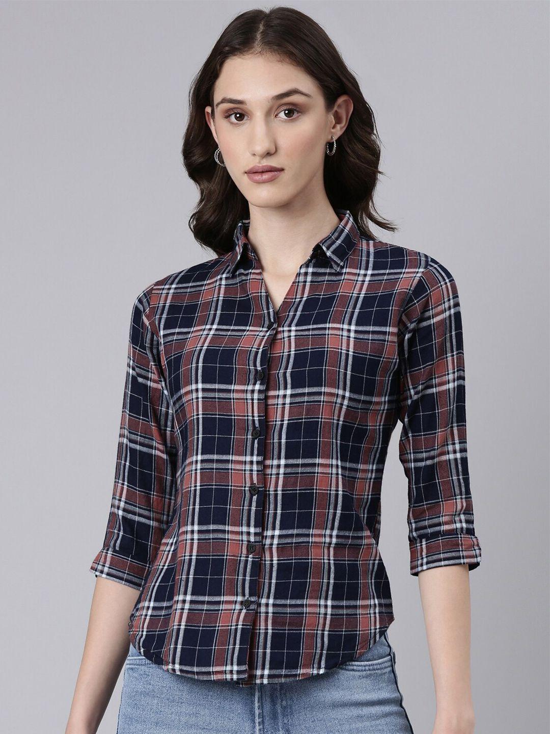 showoff slim fit tartan checks spread collar twill cotton casual shirt