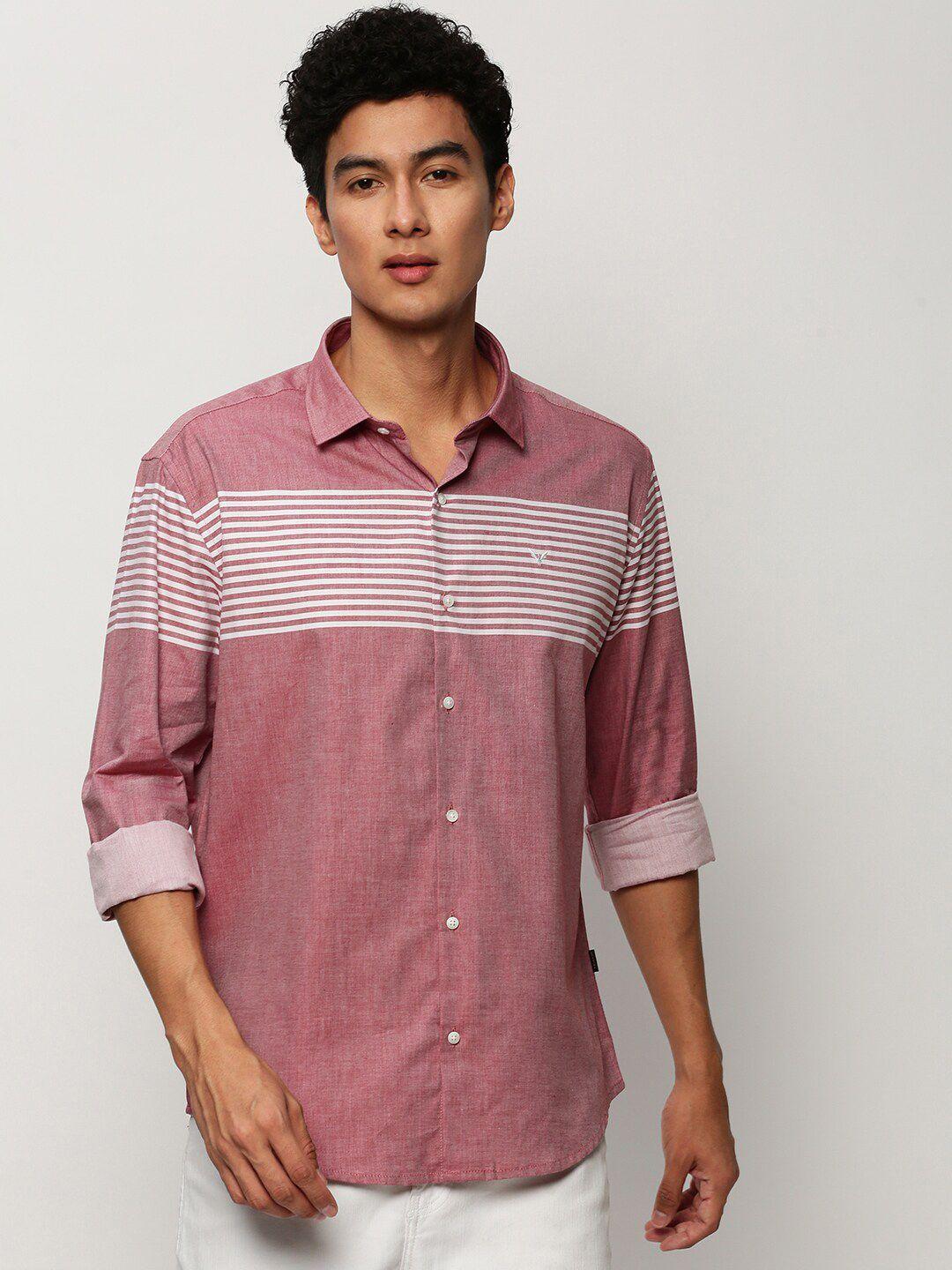 showoff smart horizontal striped twill cotton slim fit casual shirt