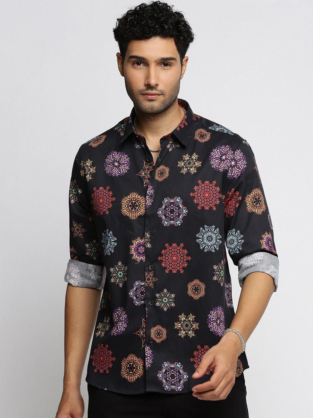 showoff smart slim fit ethnic motifs printed twill spread collar cotton casual shirt