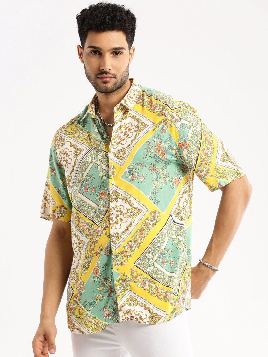 showoff smart slim fit floral printed spread collar cotton casual shirt