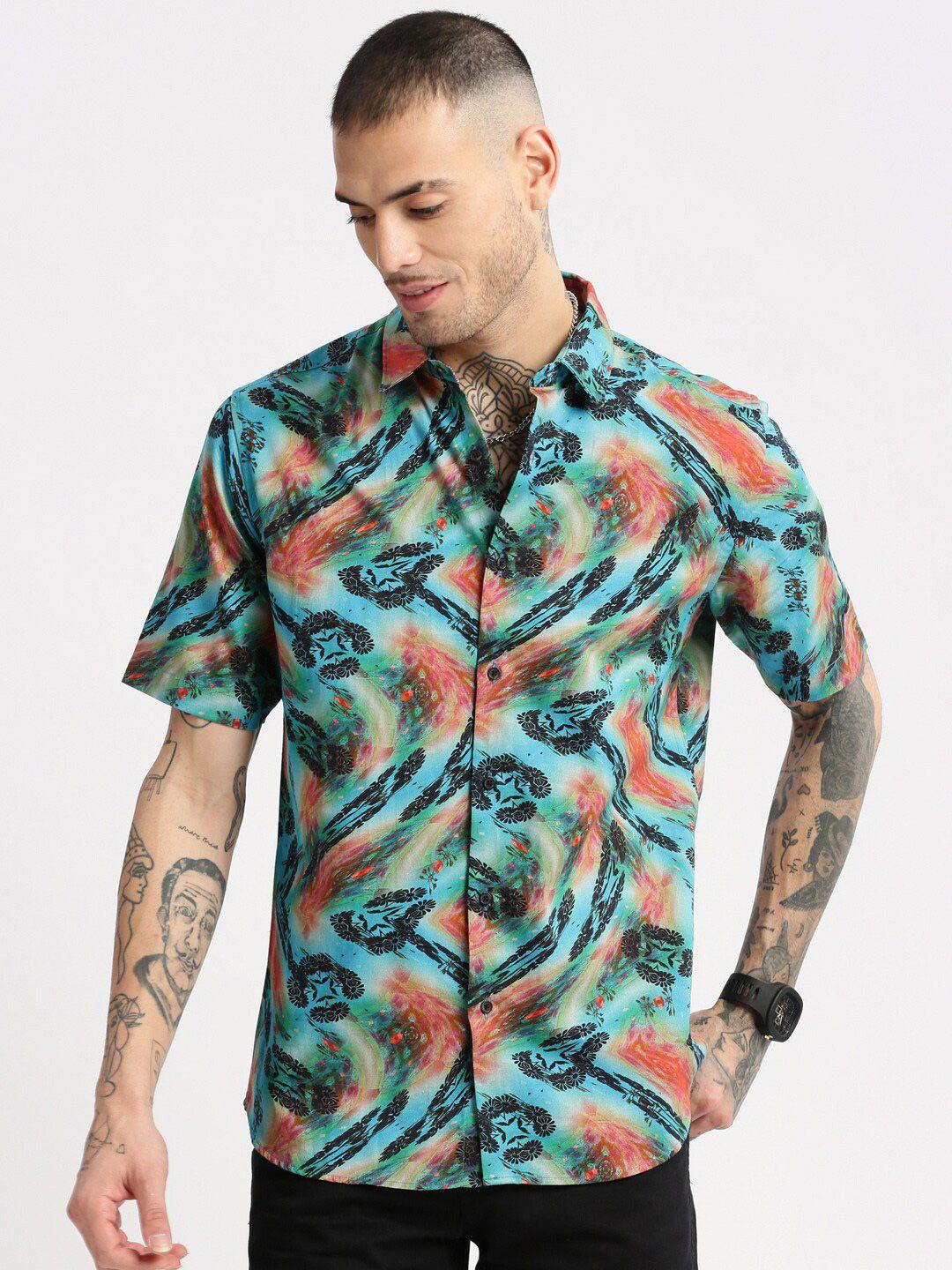showoff smart slim fit floral printed twill cotton casual shirt