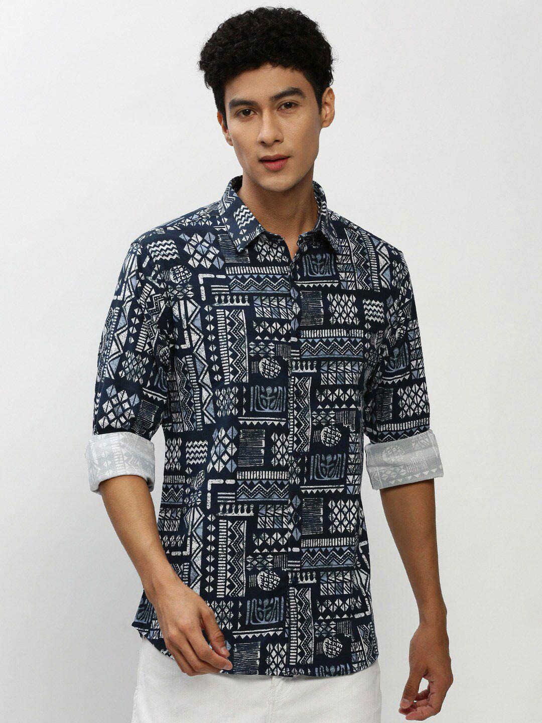 showoff smart slim fit geometric opaque printed cotton casual shirt