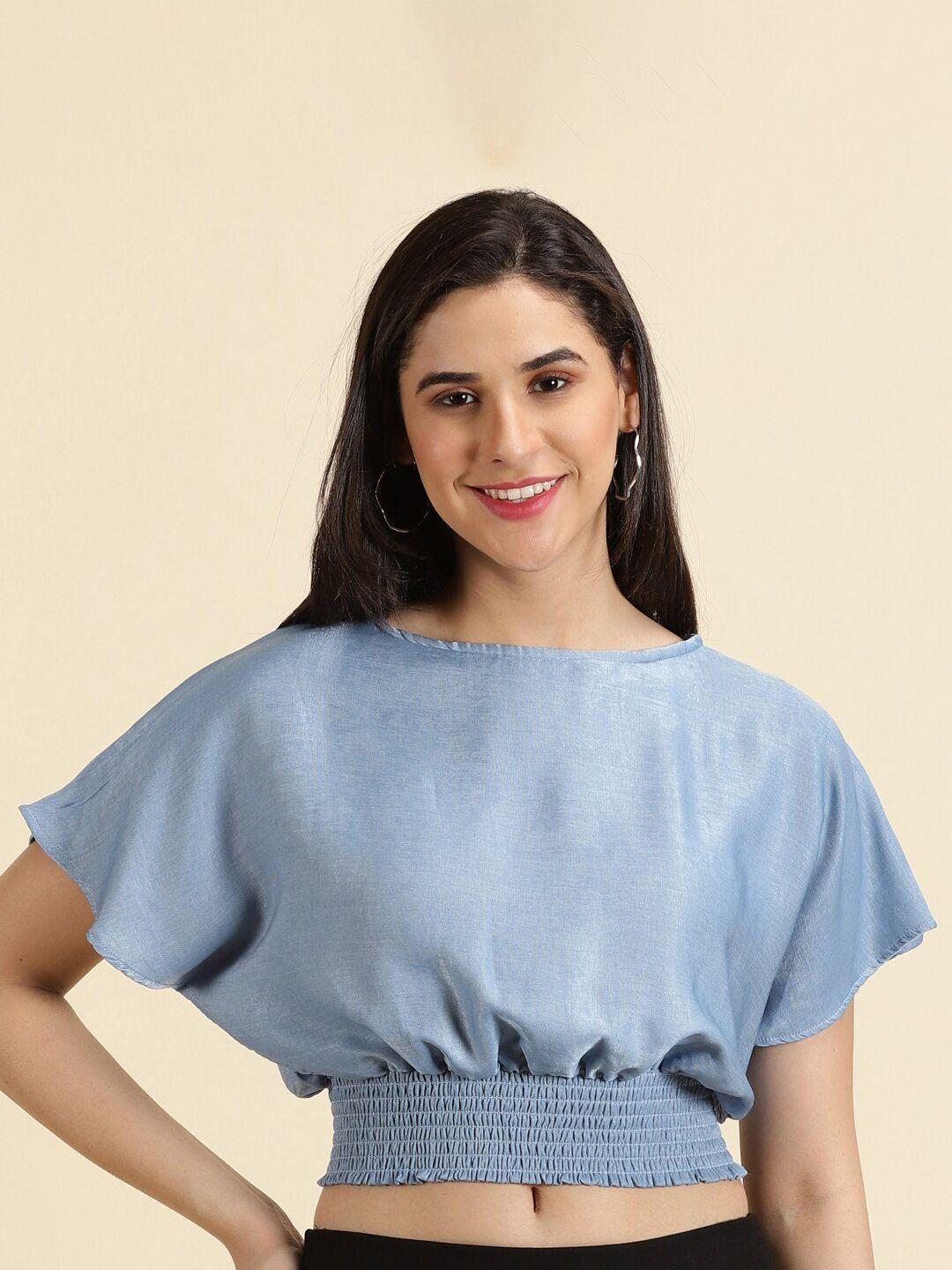 showoff smocked extended sleeves crop cinched waist top