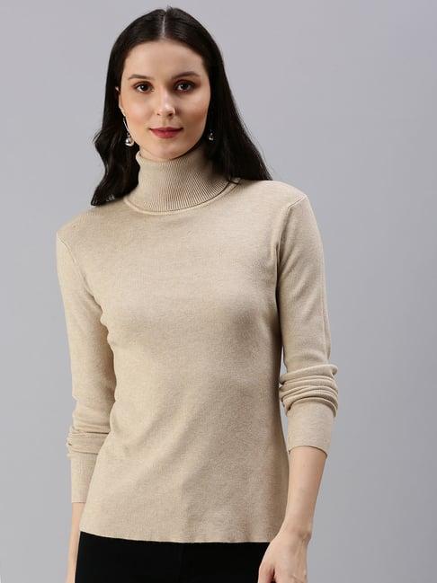 showoff solid fitted beige high neck top
