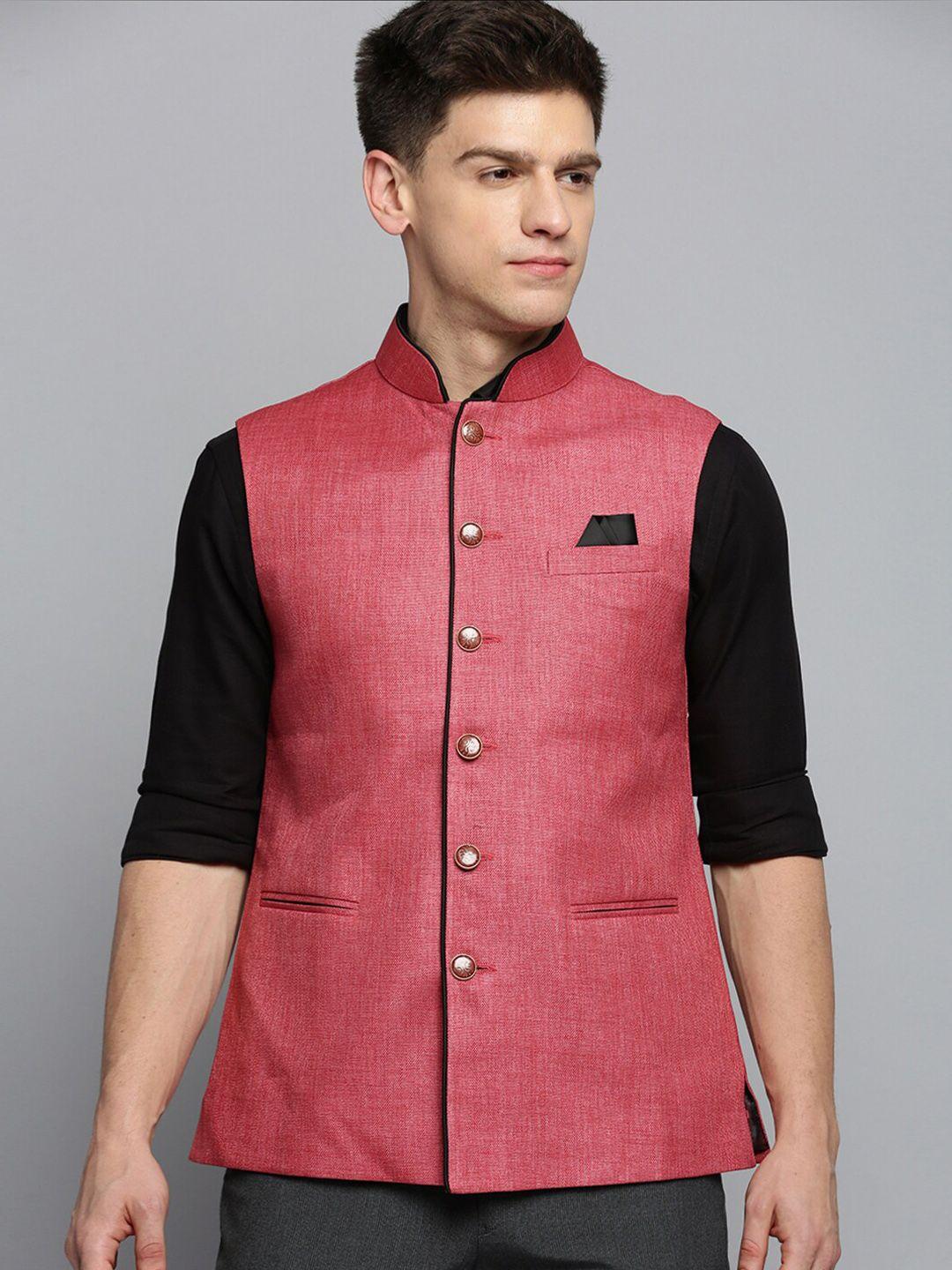 showoff solid woven nehru jackets with square pocket