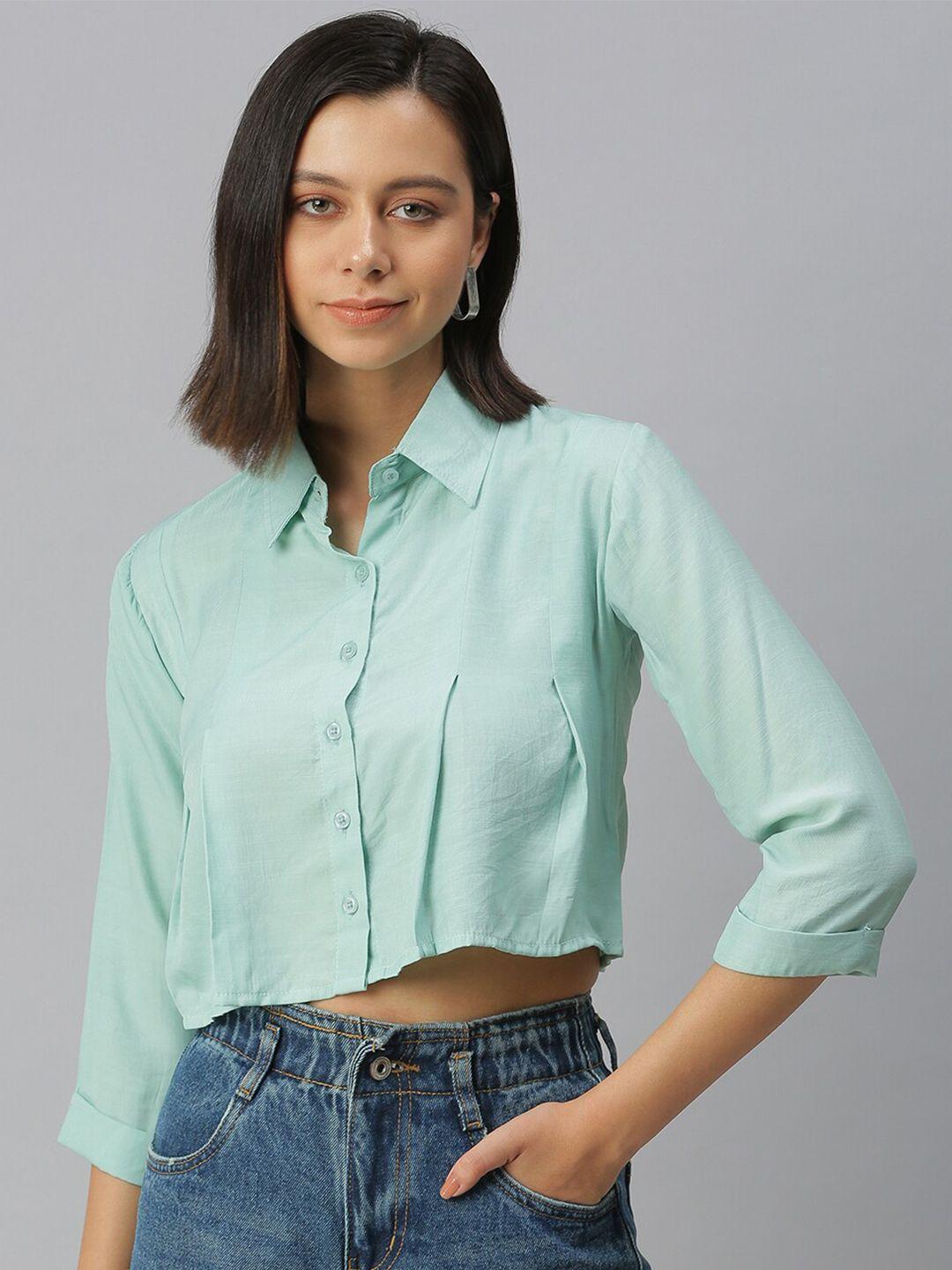 showoff spread collar comfort boxy opaque twill weave crop casual shirt