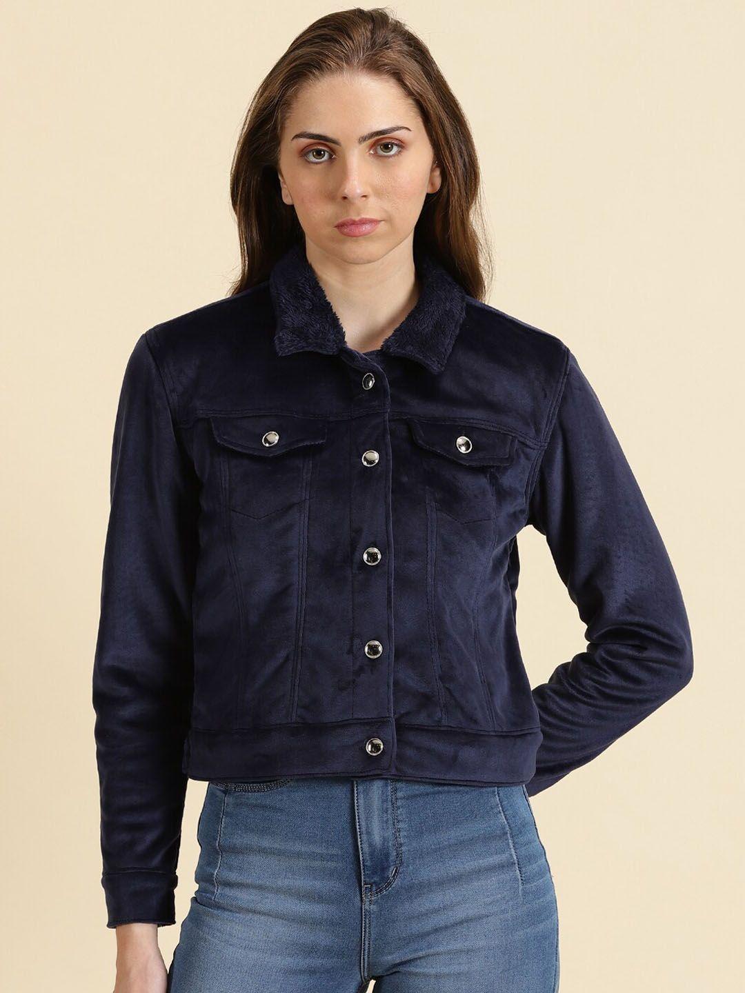 showoff spread collar fleece crop denim jacket