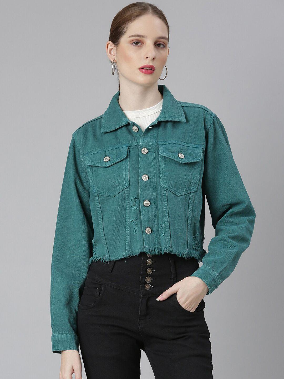 showoff spread collar long sleeve distressed windcheater crop denim jacket