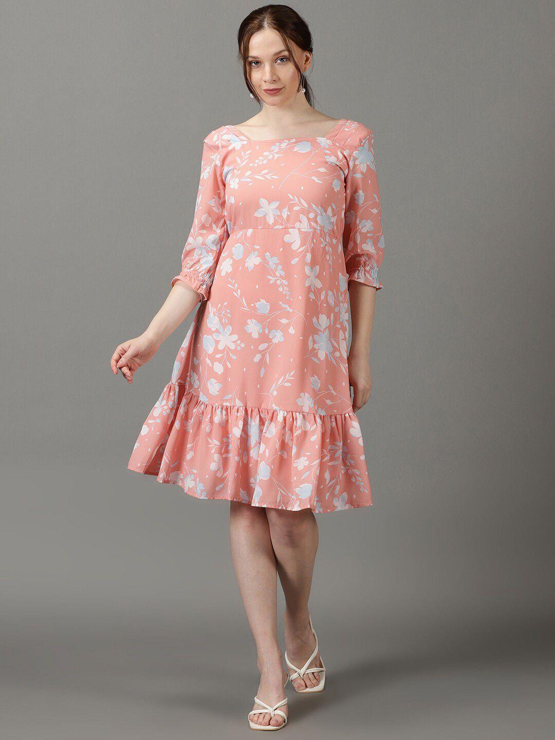 showoff square neck floral printed crepe a-line dress