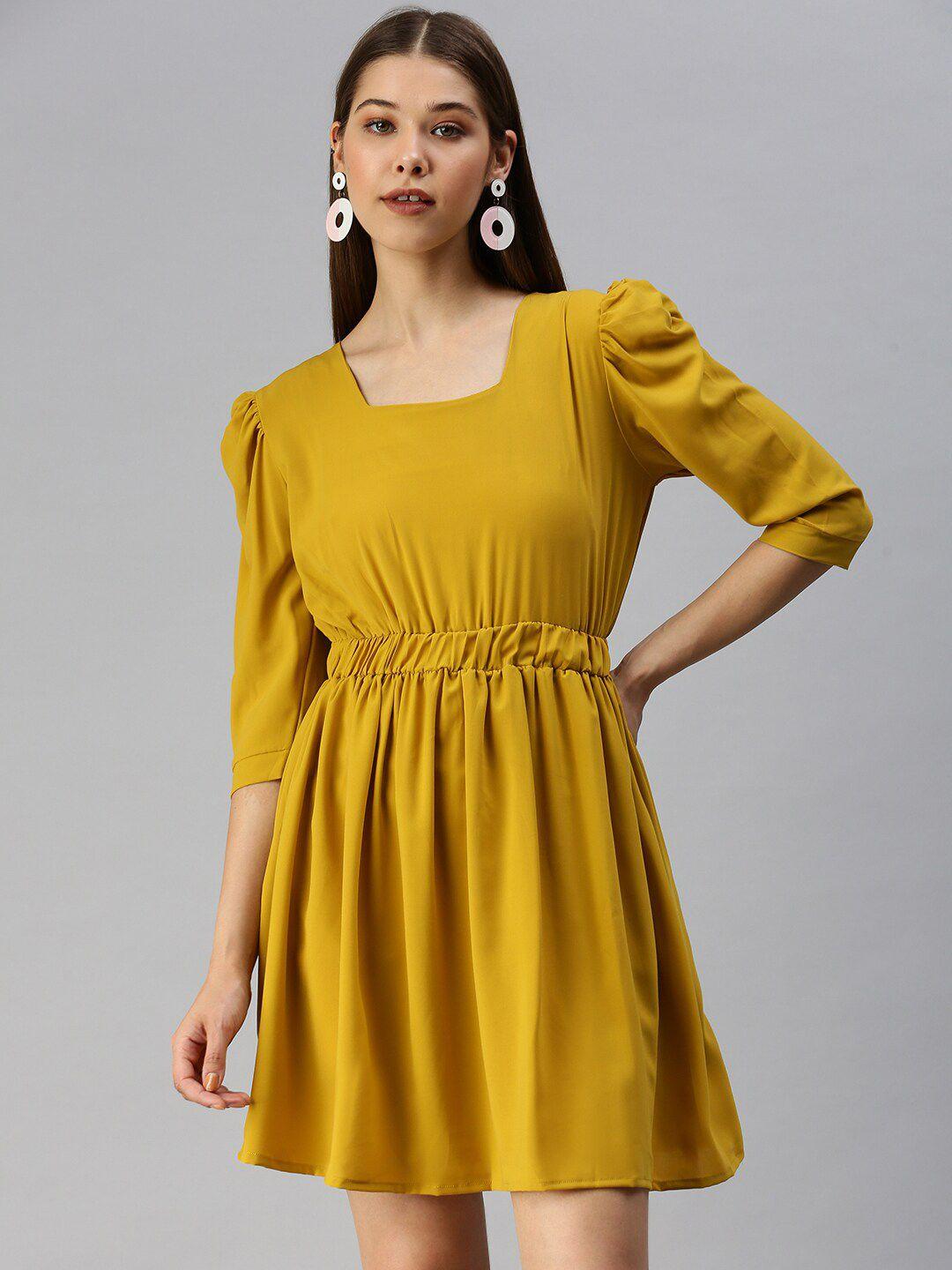 showoff square neck gathered crepe mini fit and flare dress