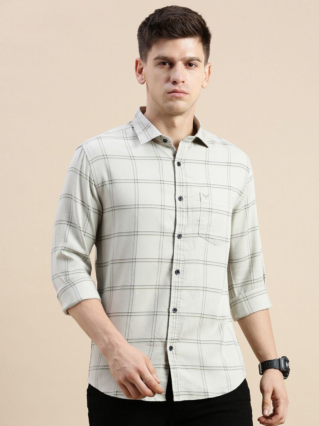 showoff standard slim fit checked spread collar long sleeves cotton casual shirt