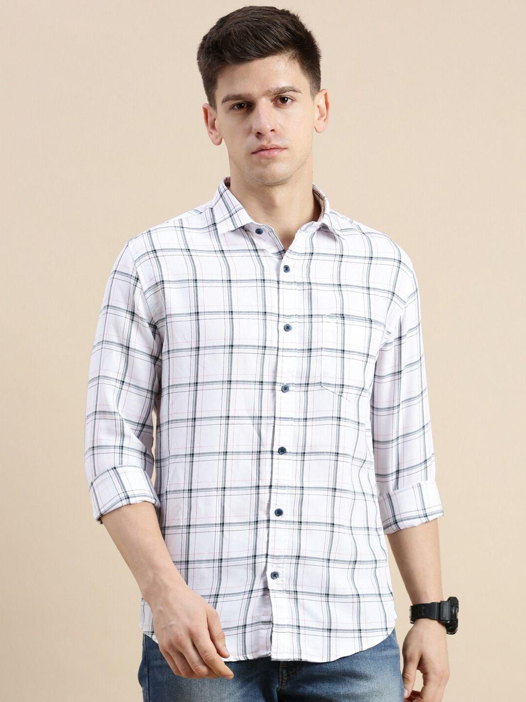 showoff standard slim fit checked spread collar long sleeves cotton casual shirt