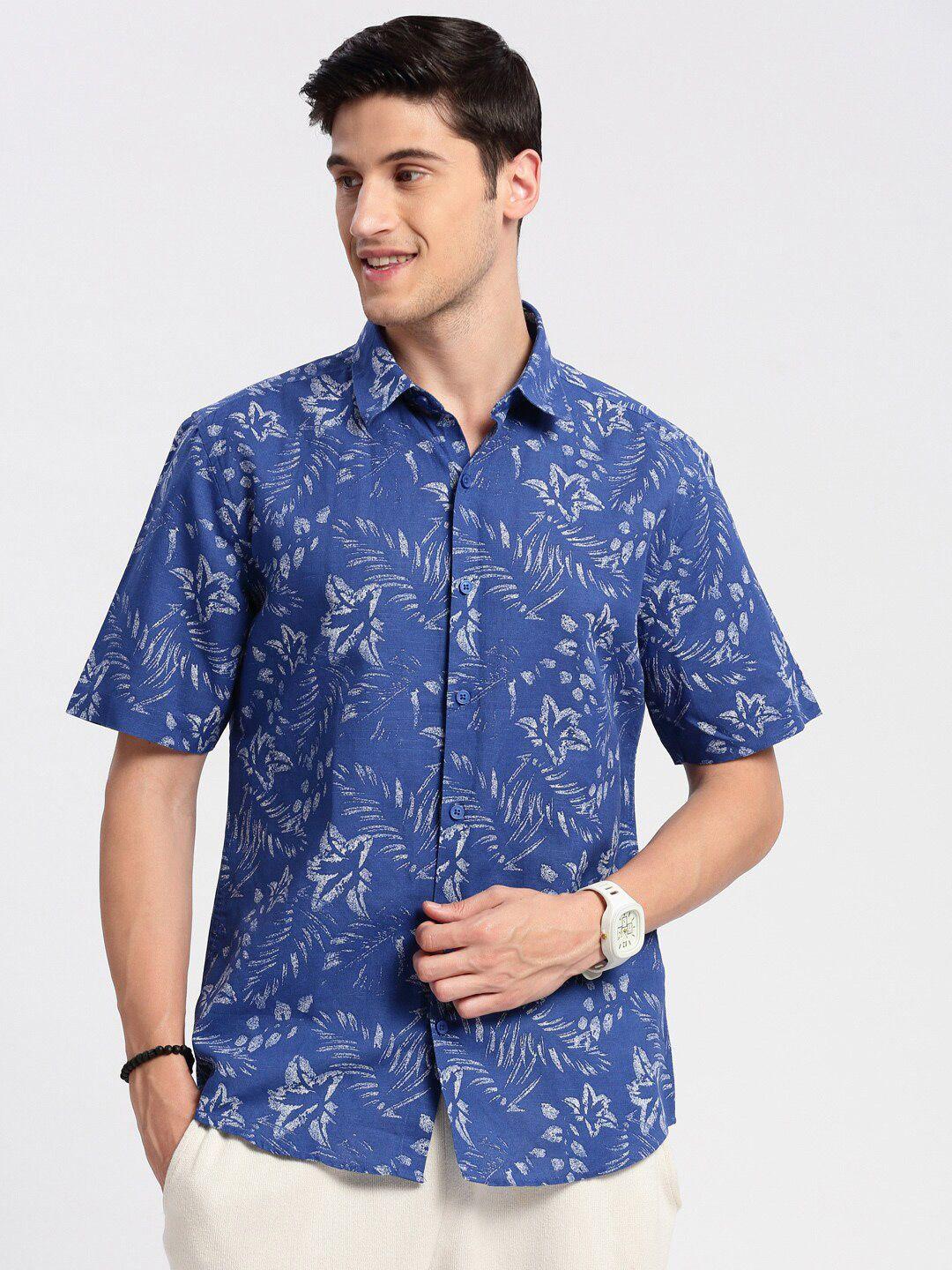 showoff standard slim fit floral printed spread collar chambray cotton casual shirt