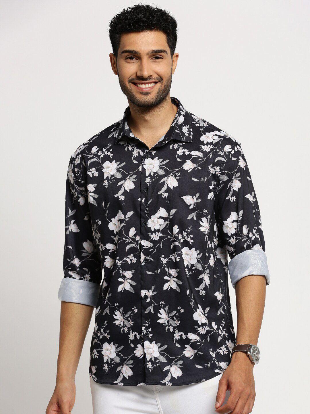 showoff standard slim fit floral printed twill cotton shirt