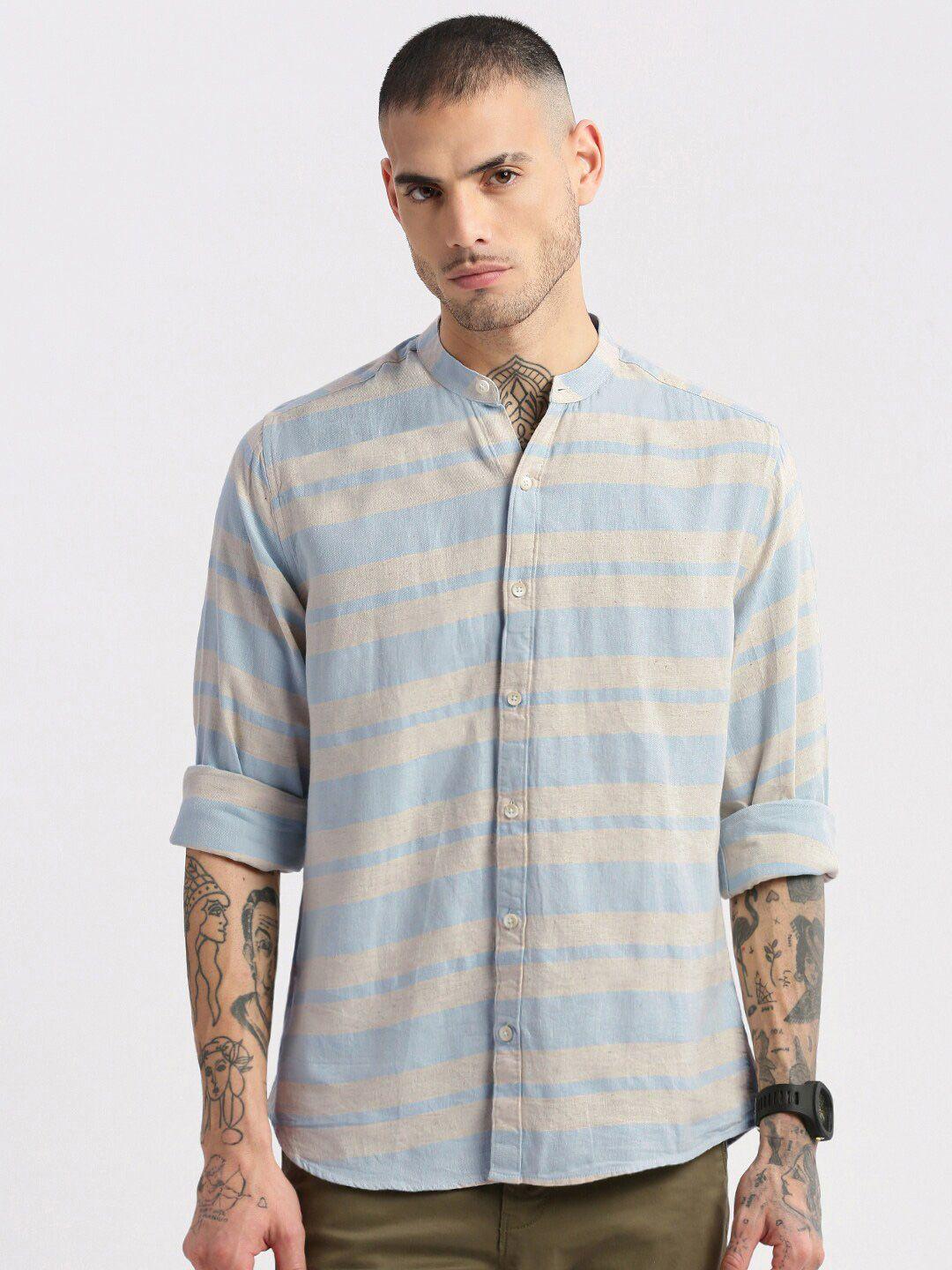 showoff standard slim fit horizontal stripes opaque checked cotton casual shirt