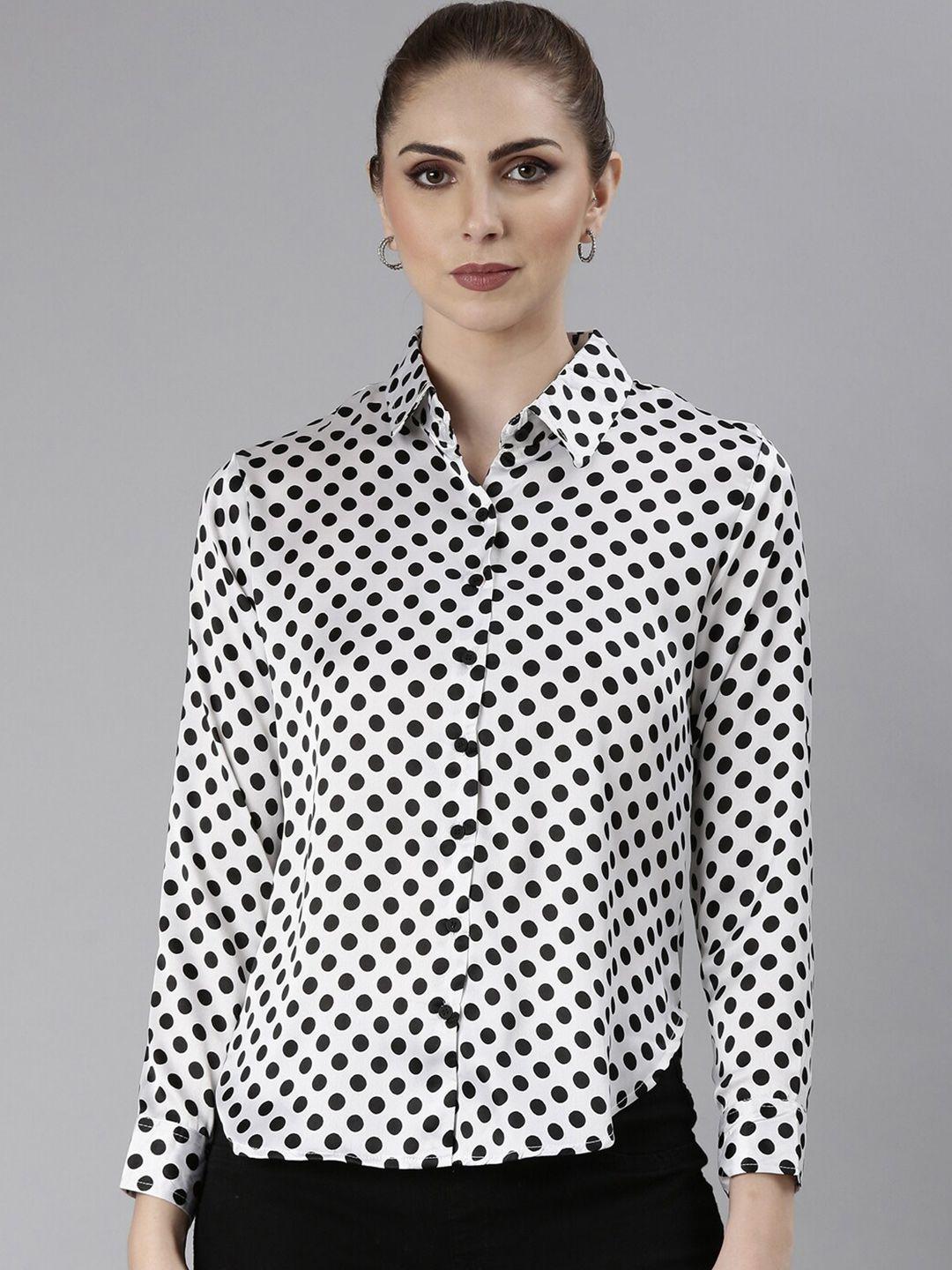 showoff standard slim fit polka dots printed satin casual shirt