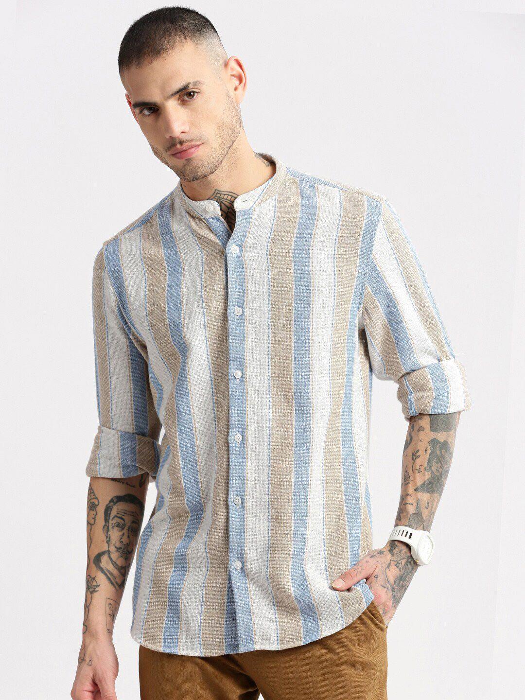 showoff standard slim fit striped mandarin collar cotton casual shirt