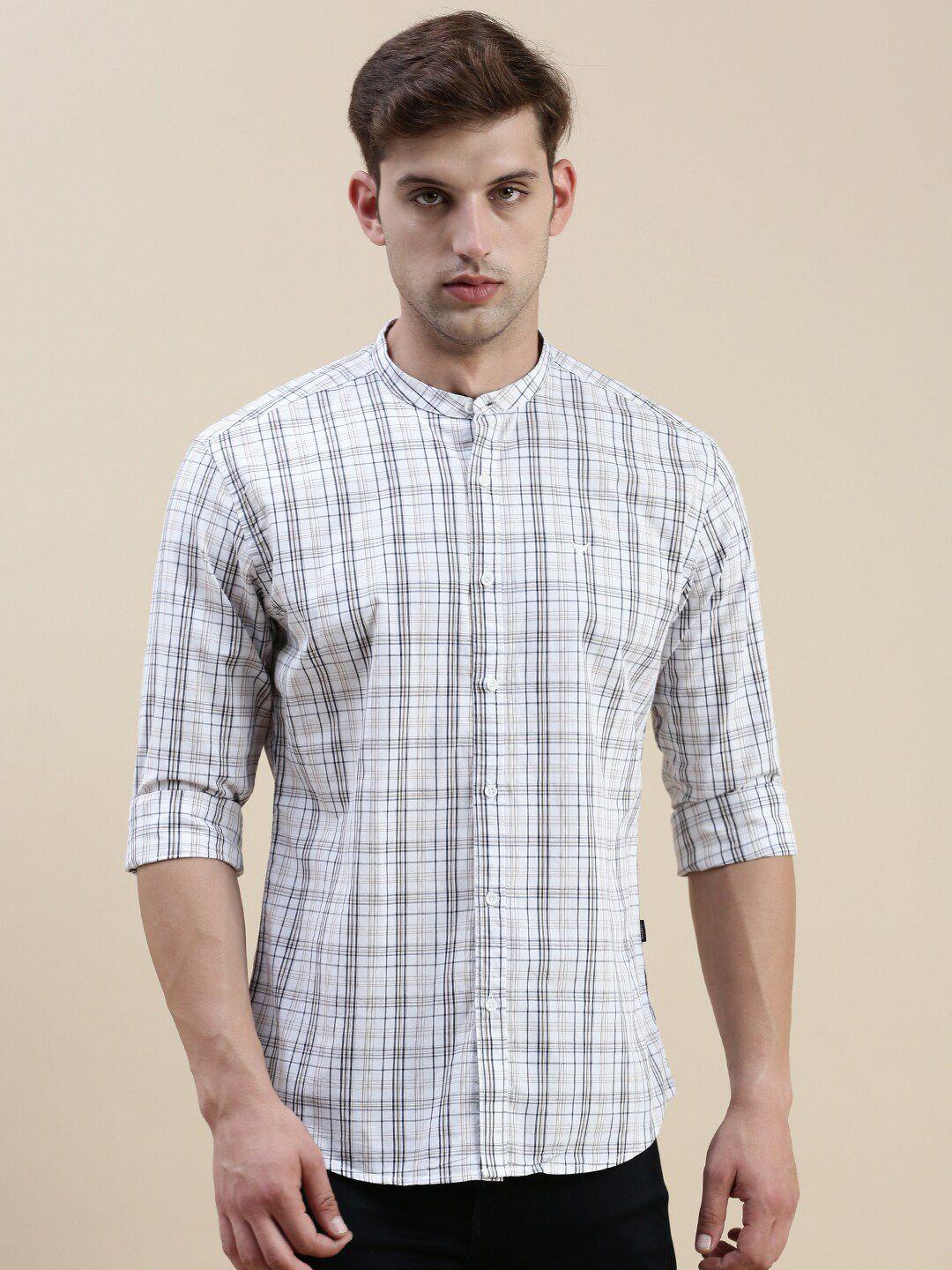 showoff standard slim fit tartan checks mandarin collar cotton casual shirt