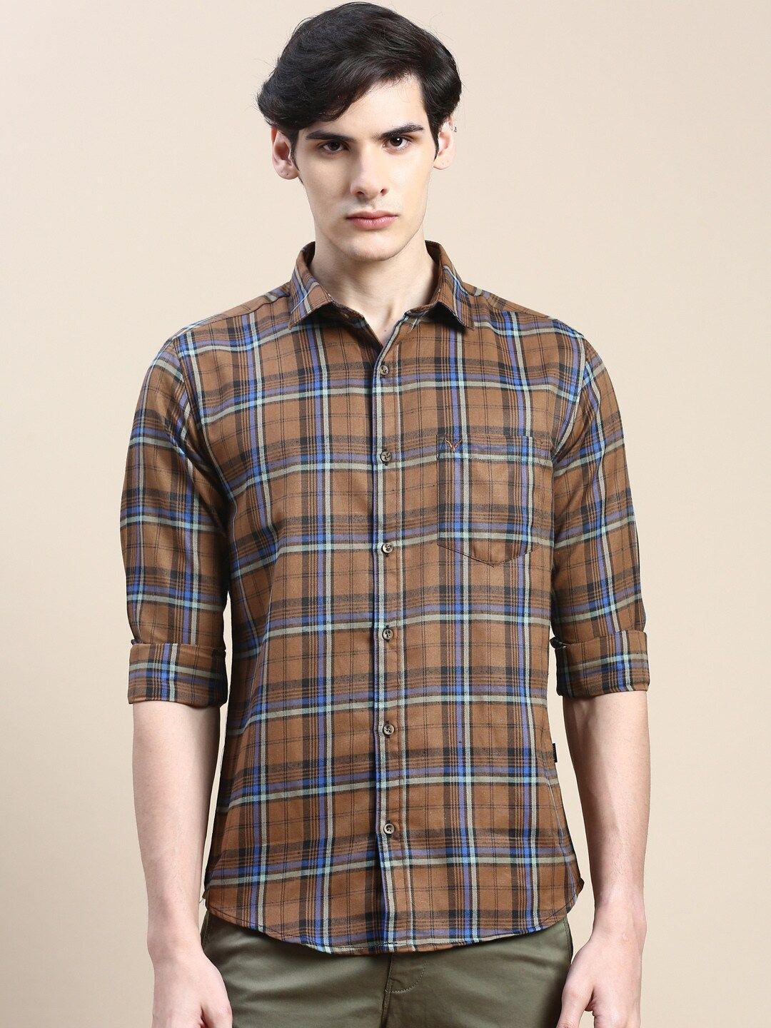 showoff standard slim fit tartan checks spread collar cotton casual shirt