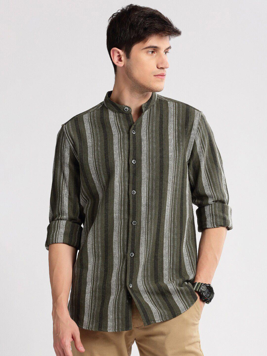 showoff standard slim fit vertical striped mandarin collar cotton casual shirt