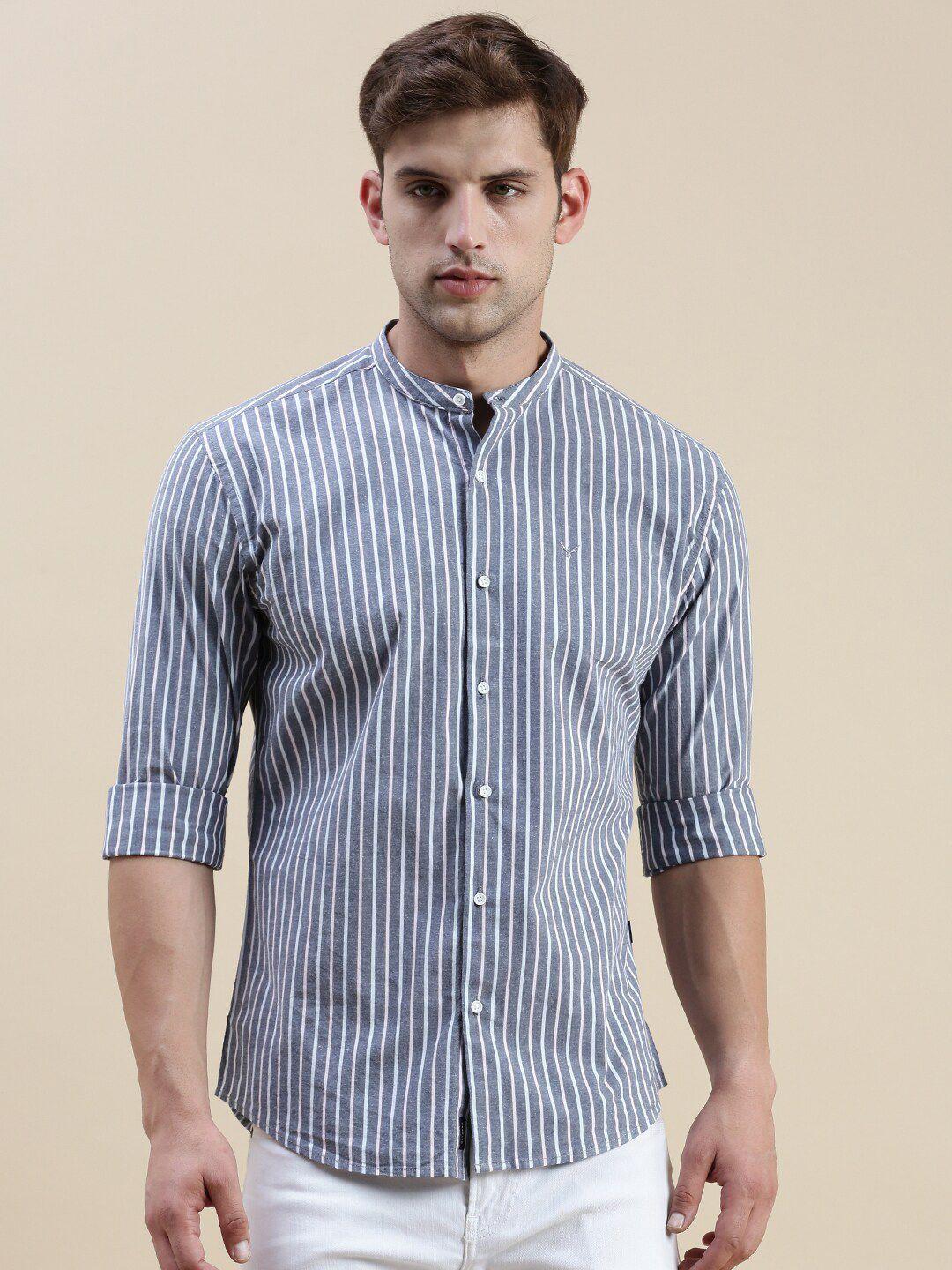 showoff standard slim fit vertical stripes mandarin collar cotton shirt