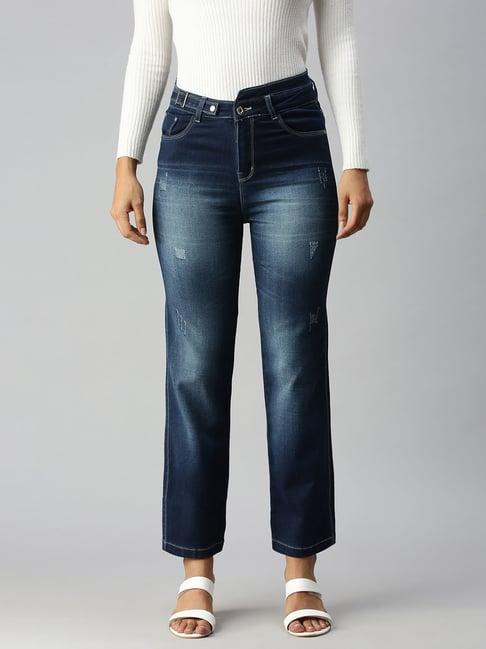 showoff straight fit low distress blue jeans