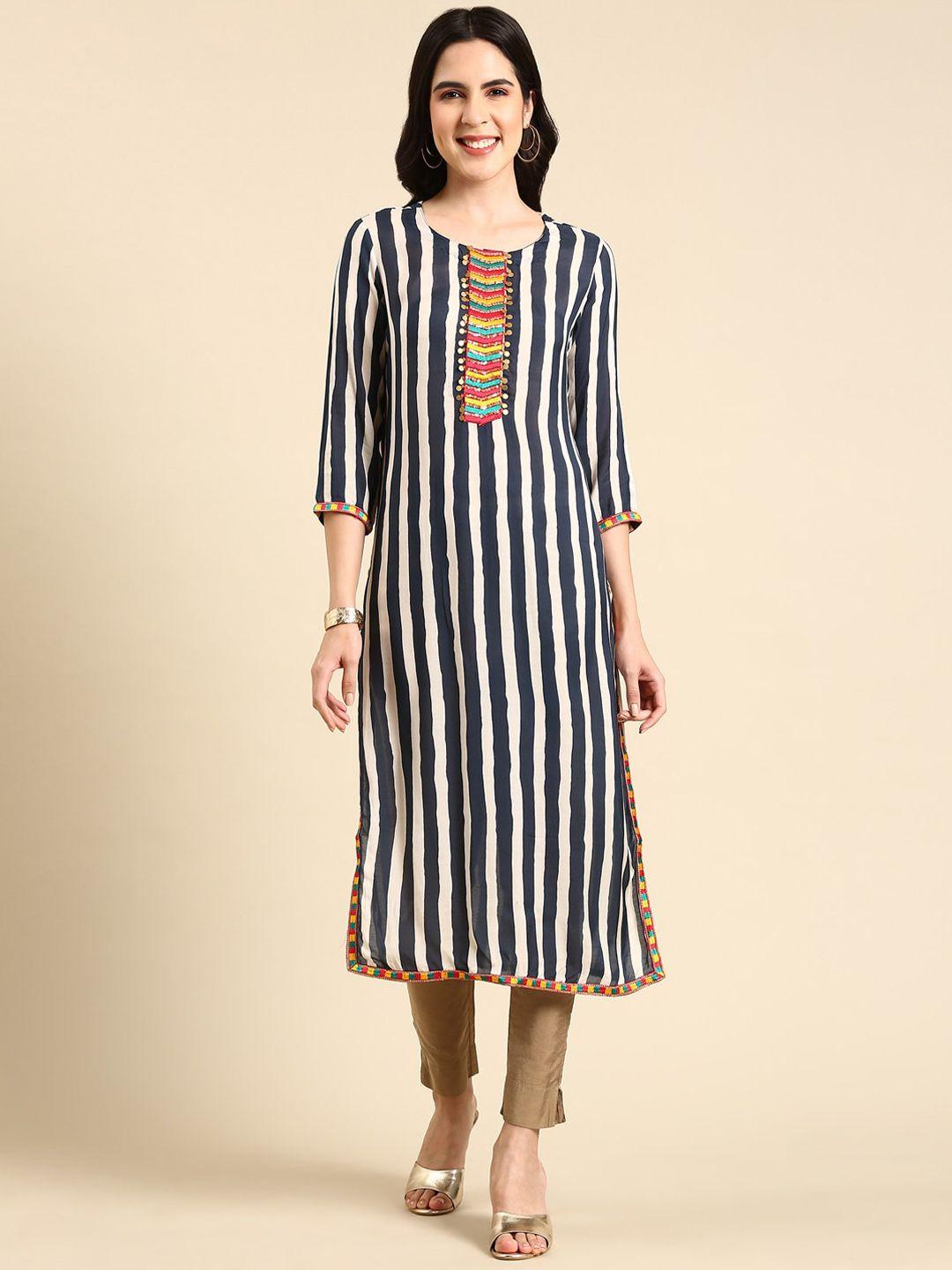 showoff straight striped sequined indigo kurta