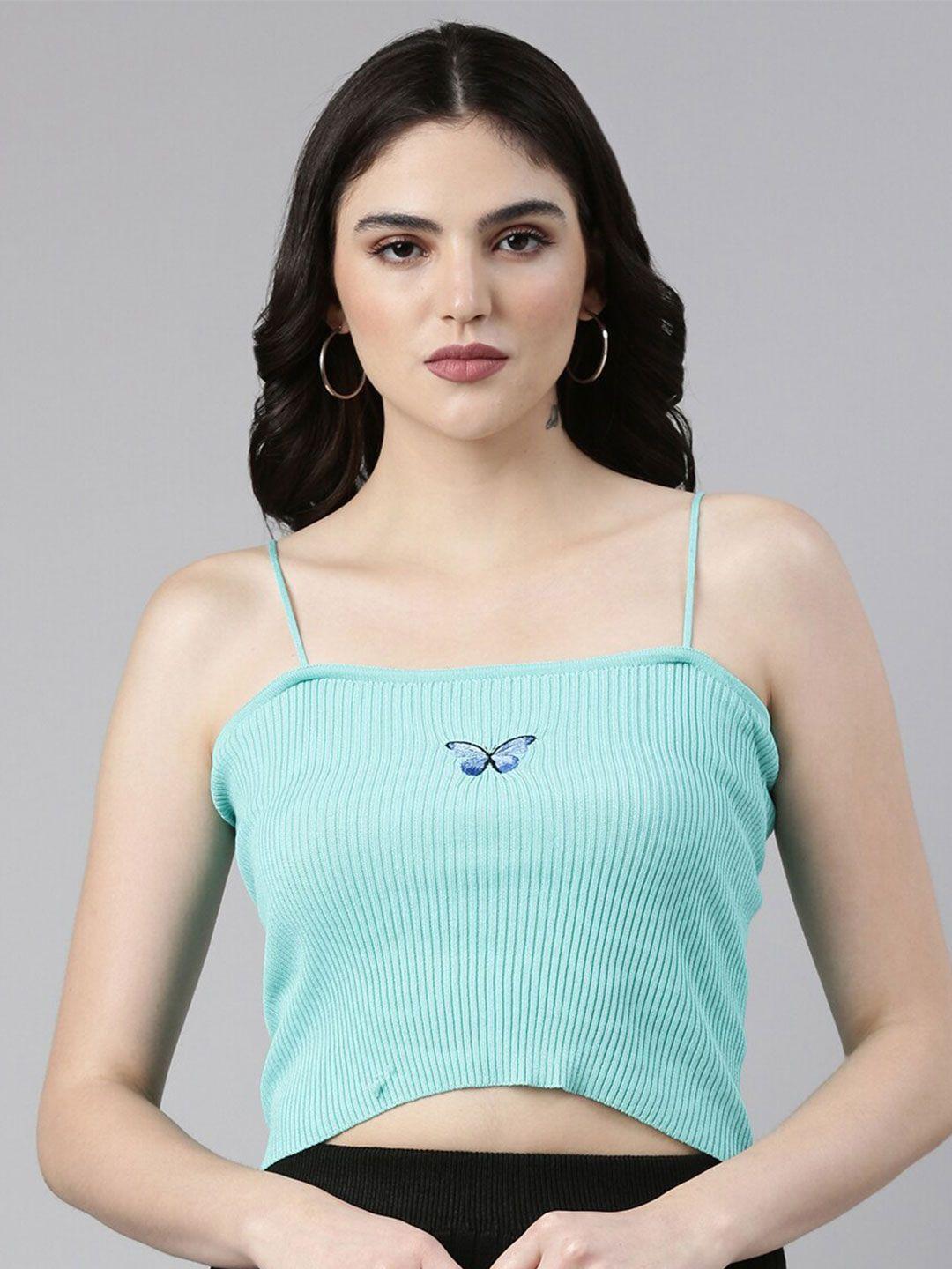 showoff striped acrylic shoulder straps fitted crop top