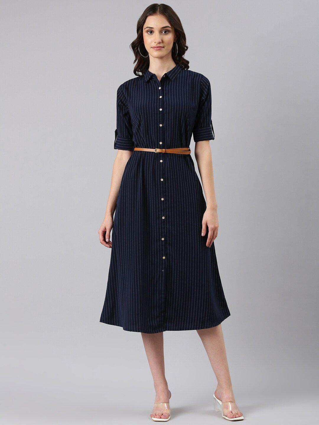showoff striped cotton roll-up sleeves shirt midi dress with belted