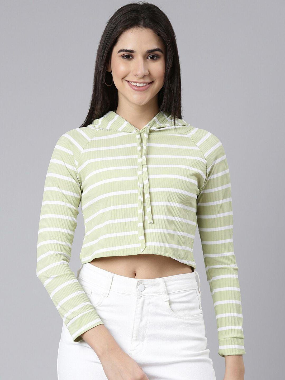 showoff striped hooded acrylic crop sweatshirt