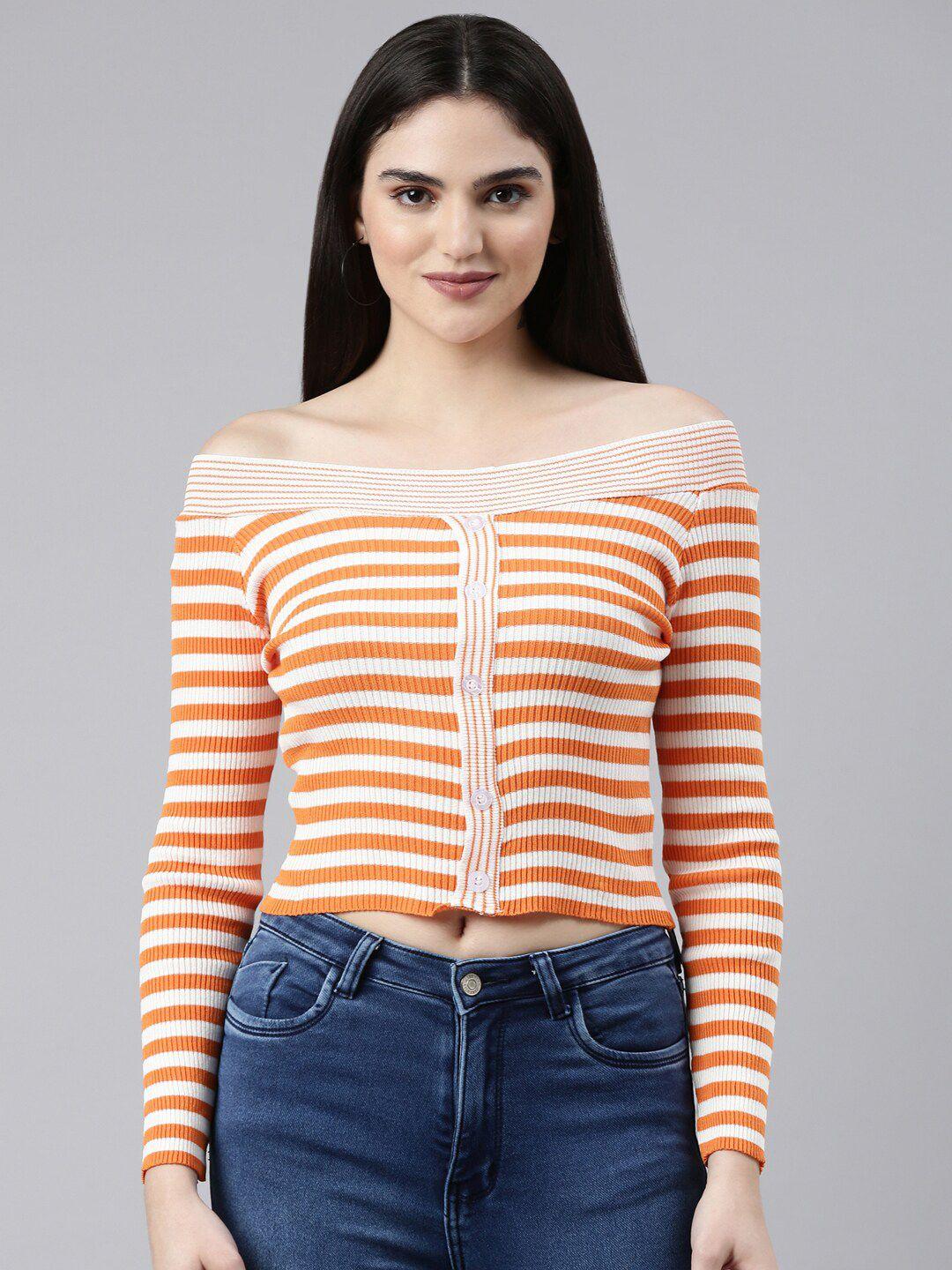 showoff striped long sleeve crop bardot top