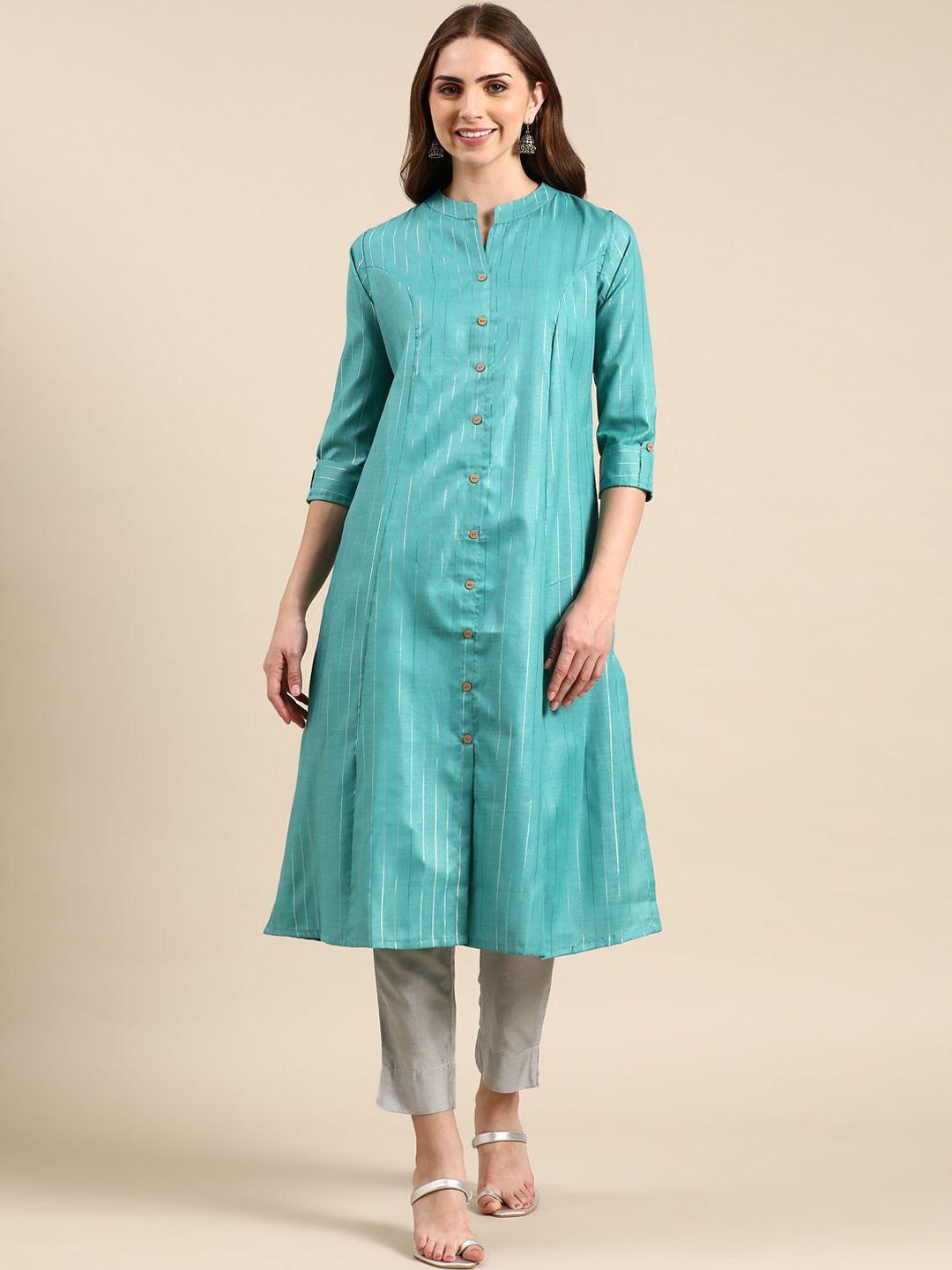 showoff striped mandarin collar panelled a-line kurta