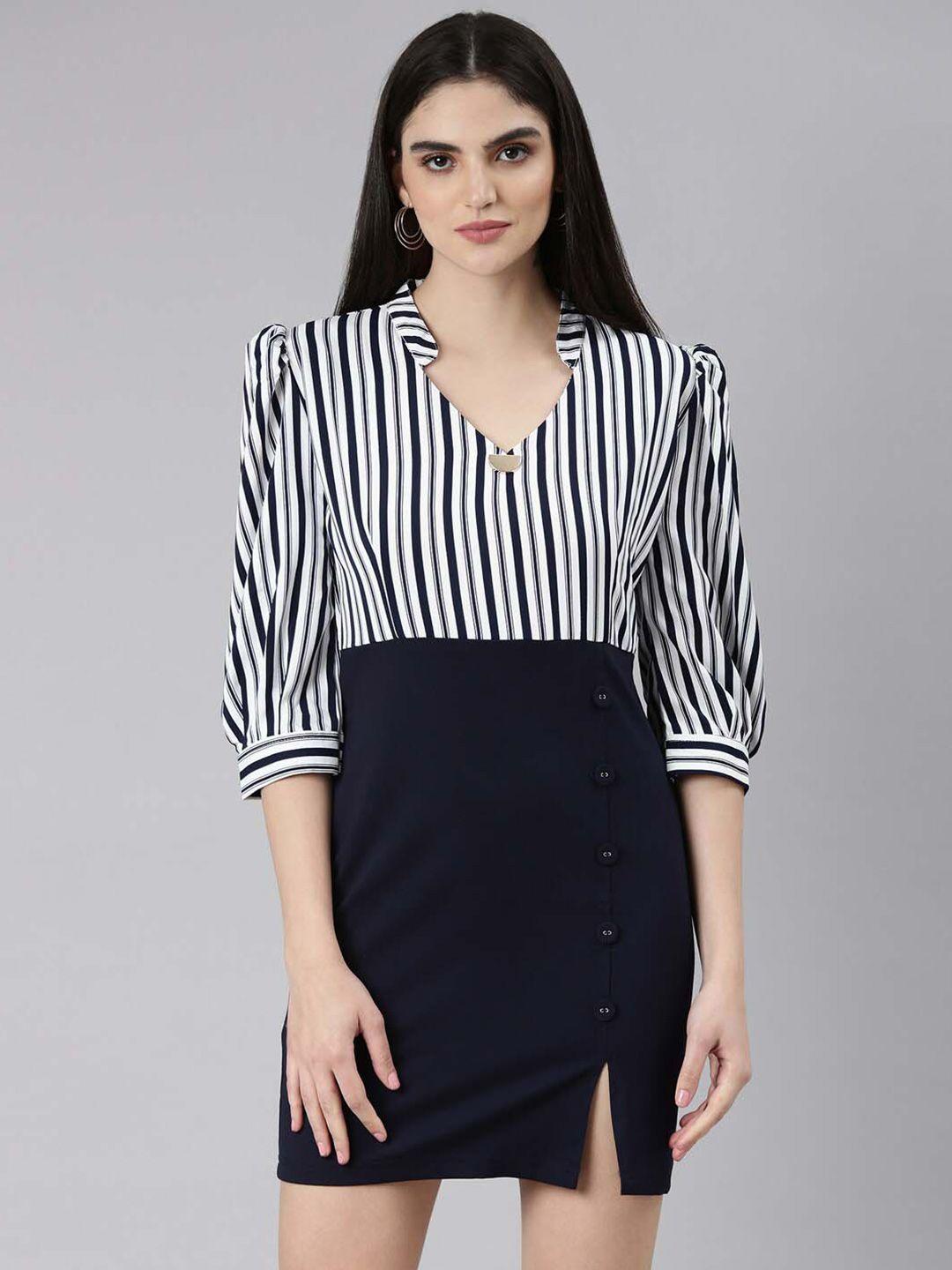 showoff striped mandarin collar puff sleeves sheath dress