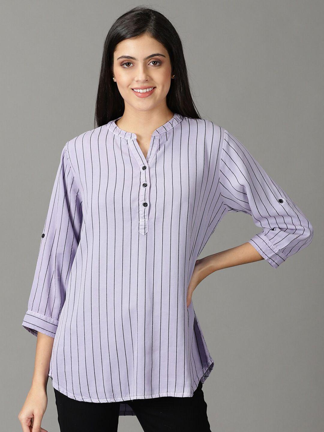 showoff striped mandarin collar roll-up sleeves shirt style top