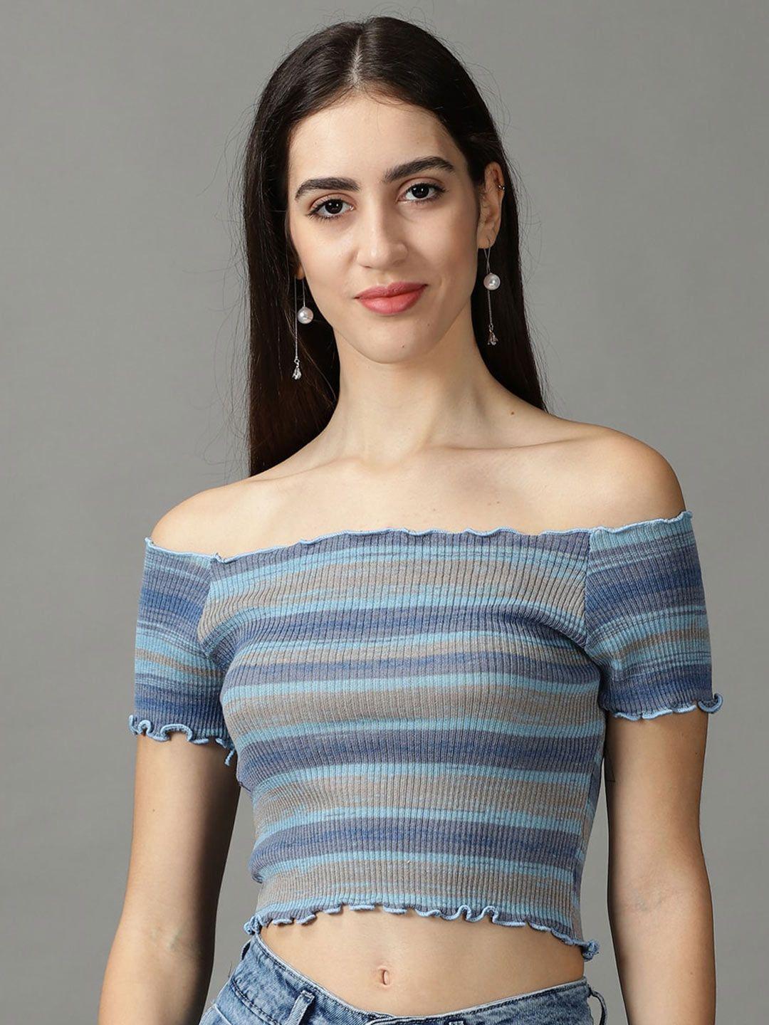 showoff striped off-shoulder bardot crop top