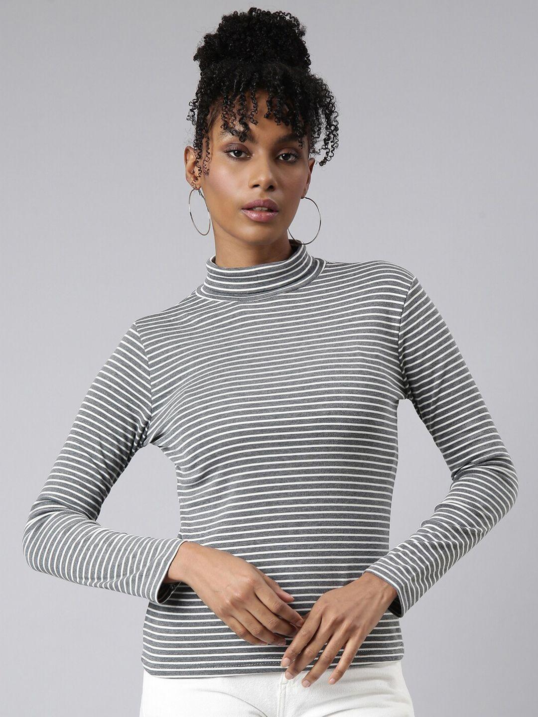 showoff striped printed high neck long sleeves casual top