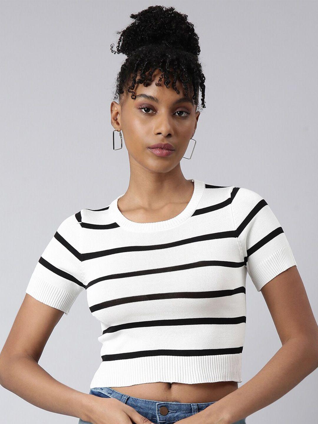 showoff striped round neck acrylic fitted crop top
