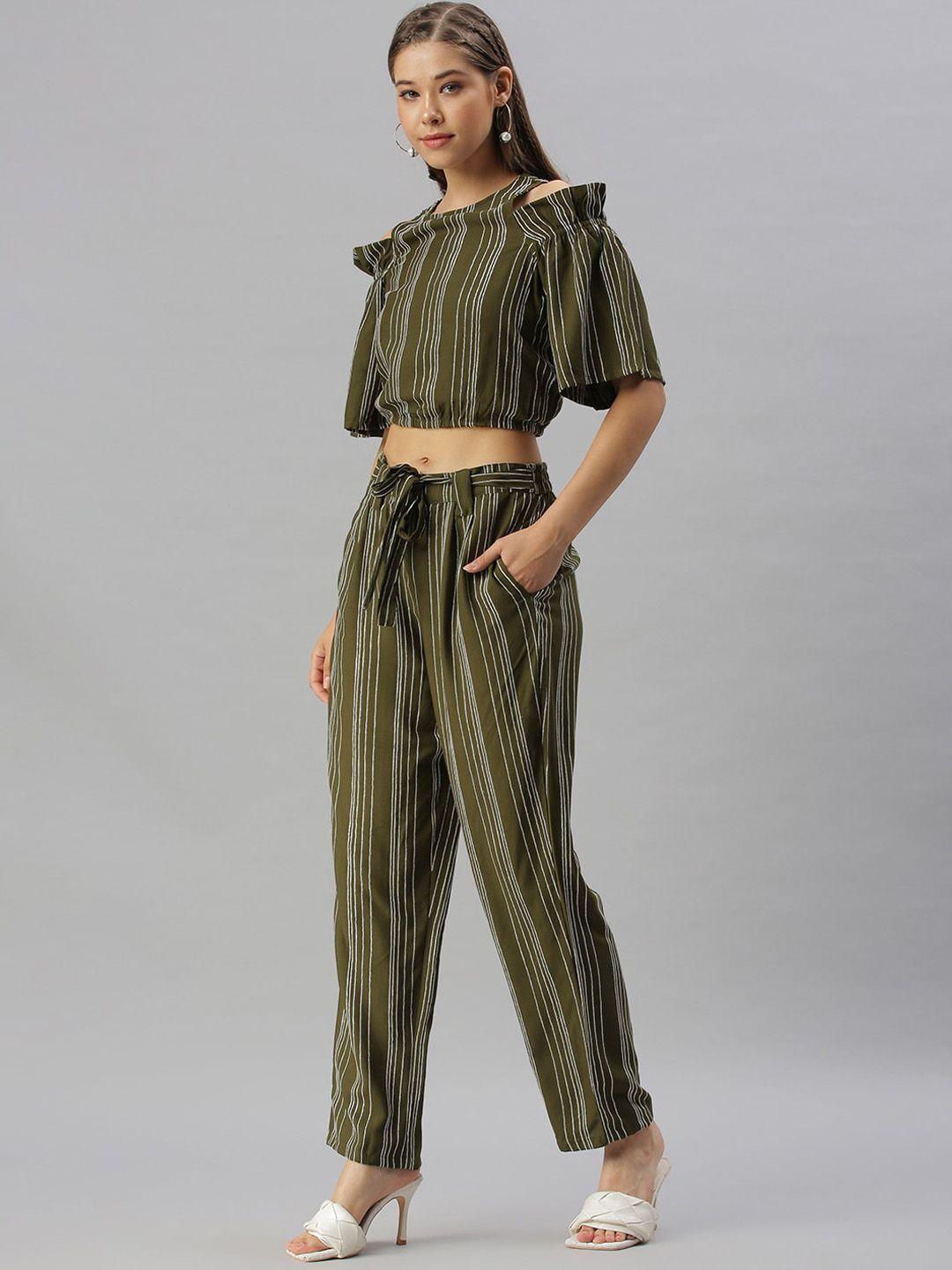 showoff striped round neck cold shoulder sleeves crop top with trousers co-ords