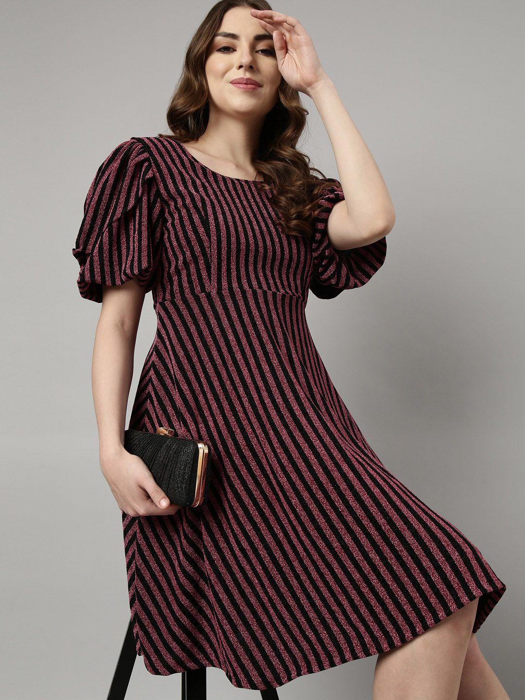 showoff striped round neck puff sleeve a-line dress