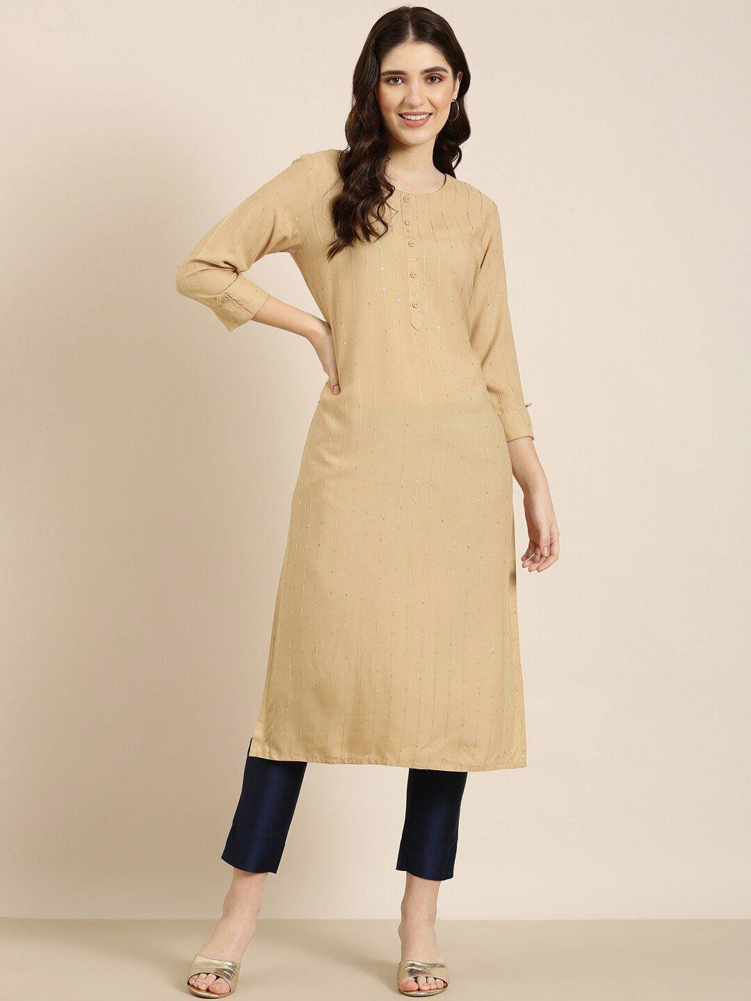 showoff striped sequined roll-up sleeves thread work kurta