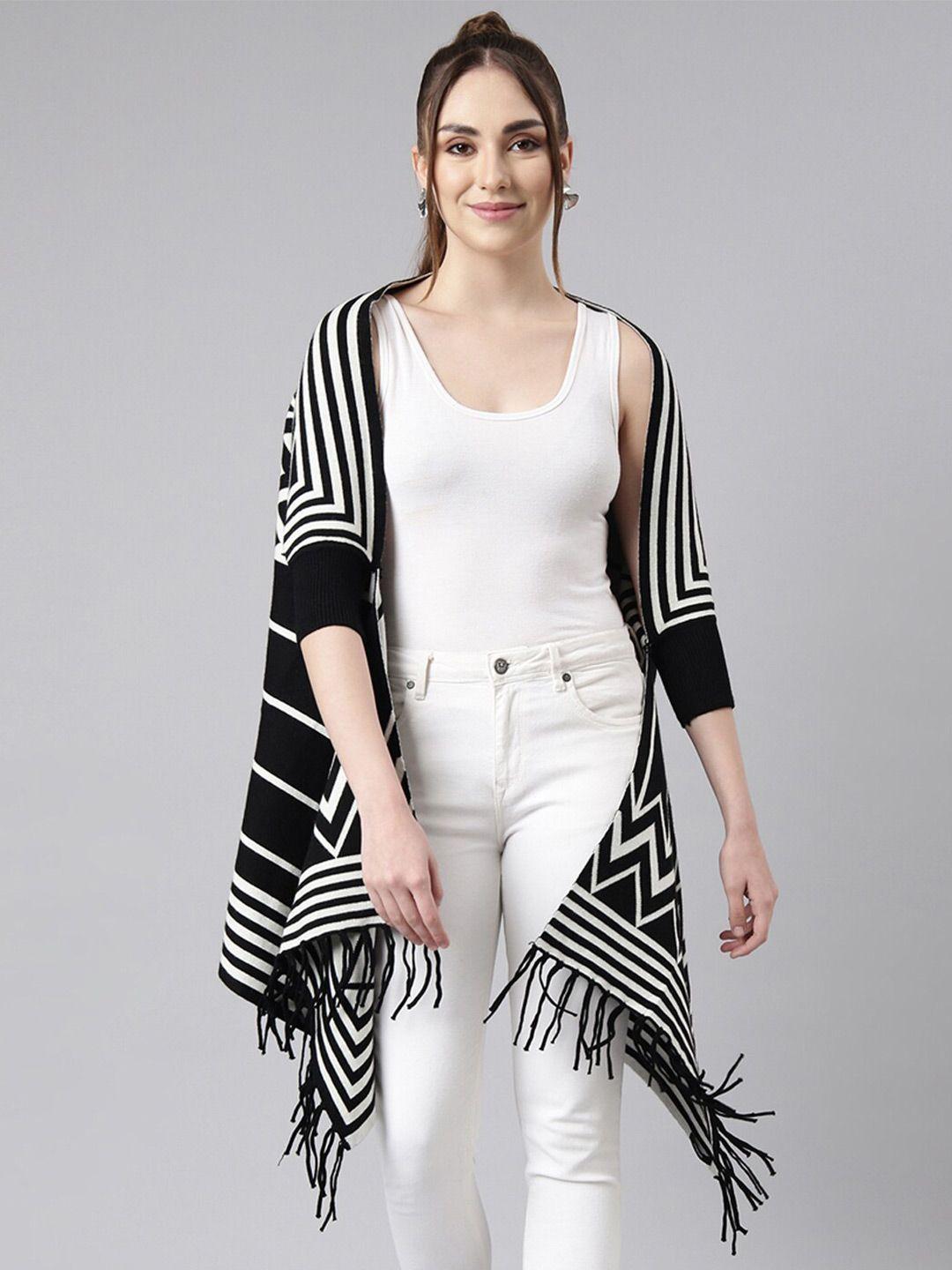 showoff striped shawl collar three-quarter sleeves longline poncho with fringed sweater