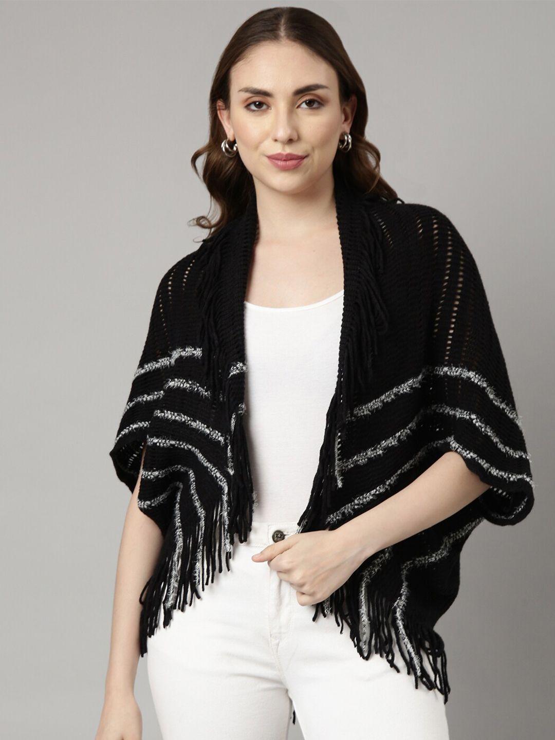 showoff striped shawl collar three-quarter sleeves poncho with fringed sweater