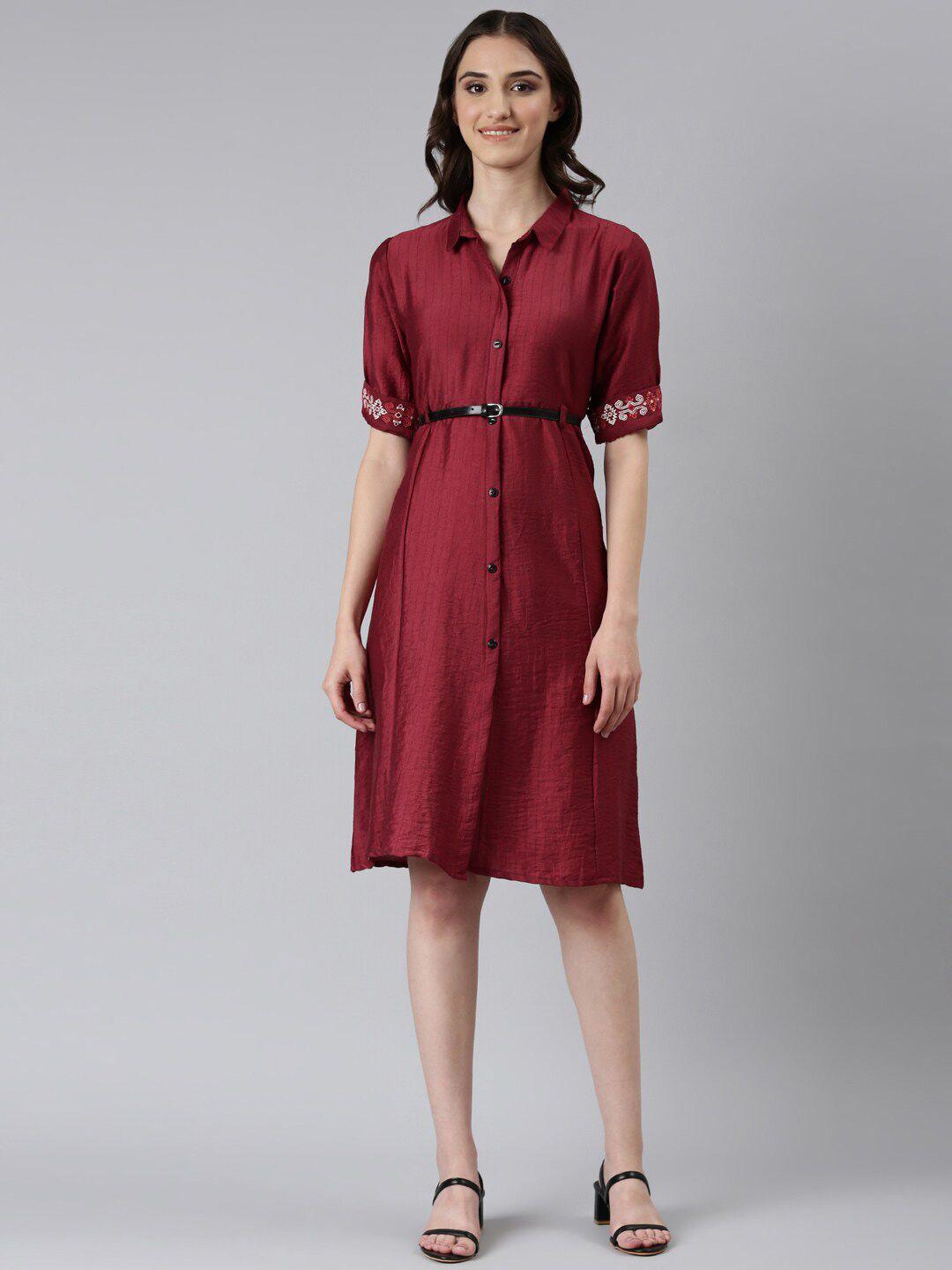 showoff striped shirt collar roll-up sleeves embroidered cotton shirt style dress